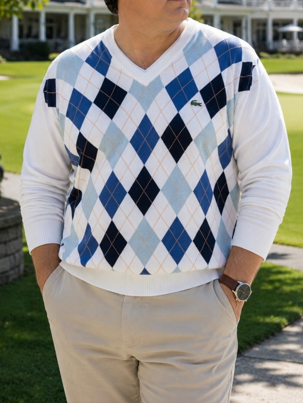 Lacoste White Argyle V-Neck Cotton Sweater Blue Navy Diamond Golf Preppy Men's